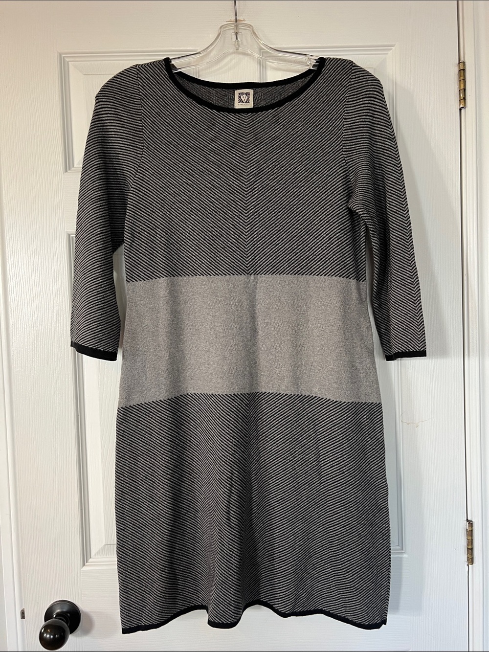 Anne Klein Black & Gray Striped Long Sleeve Knit Dress